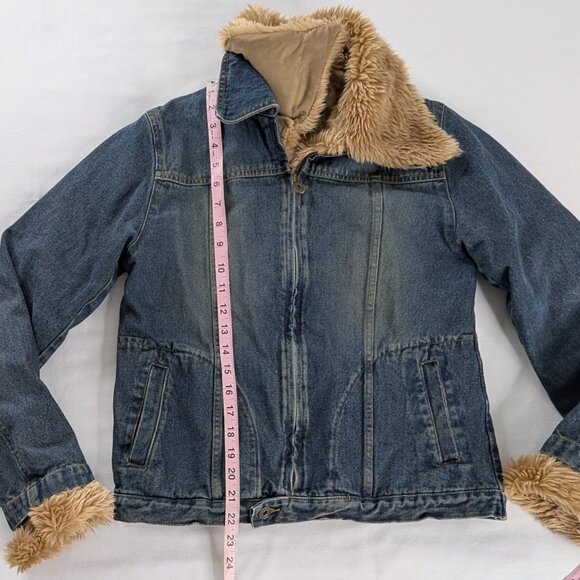 VTG Blue Denim Tan Faux Fur Trim Bleached Denim Trucker Jacket Y2k - Picture 4 of 7